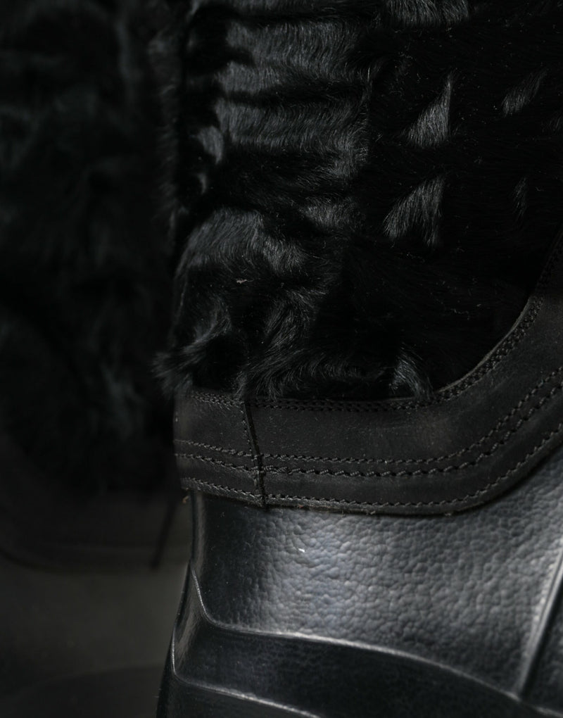 Dolce & Gabbana Black Rubber Lace Up Shearling Rain Boots