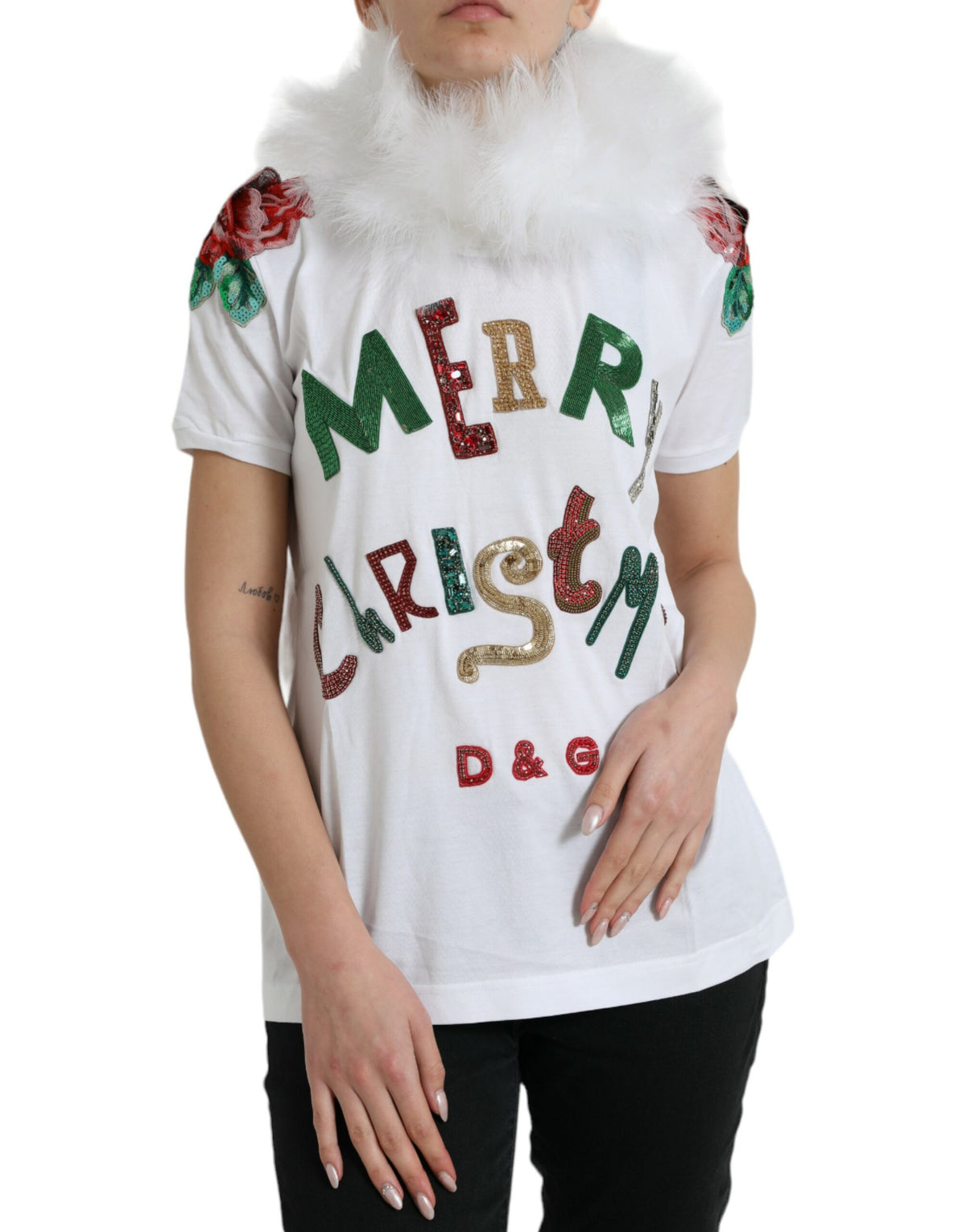 Dolce & Gabbana T-shirt en coton blanc avec sequins et fourrure