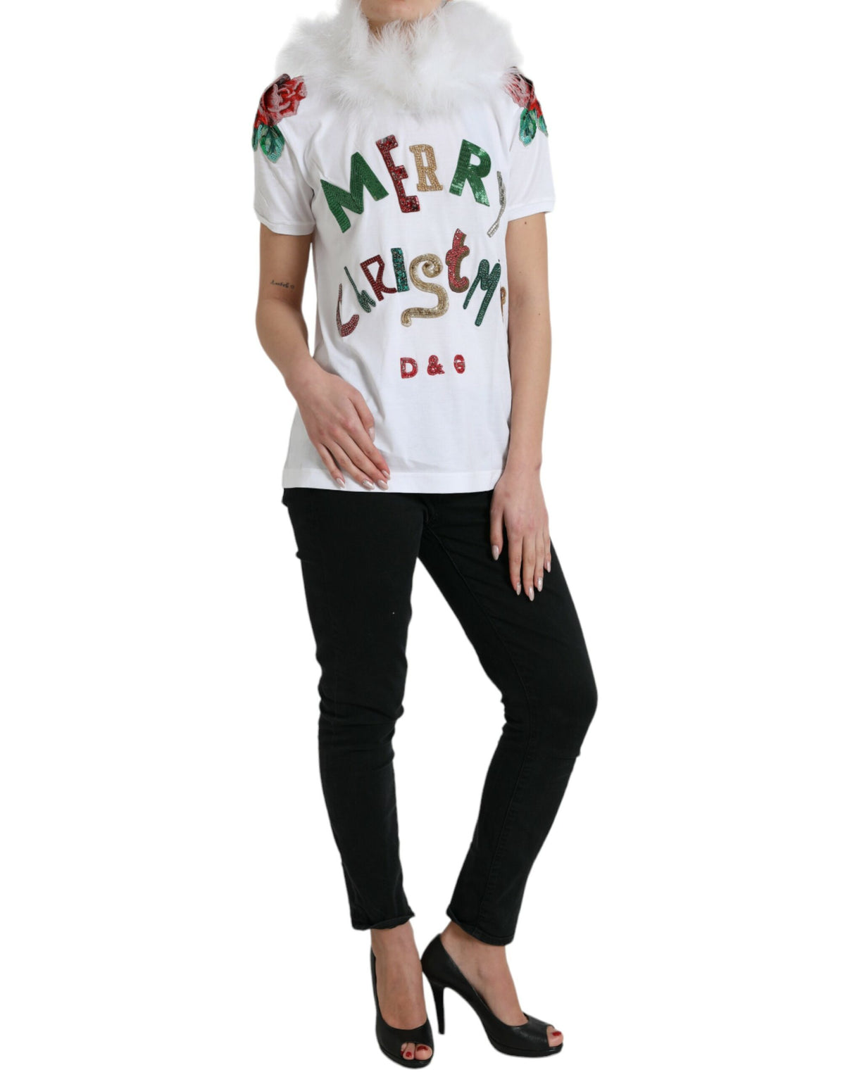 Dolce & Gabbana T-shirt en coton blanc avec sequins et fourrure