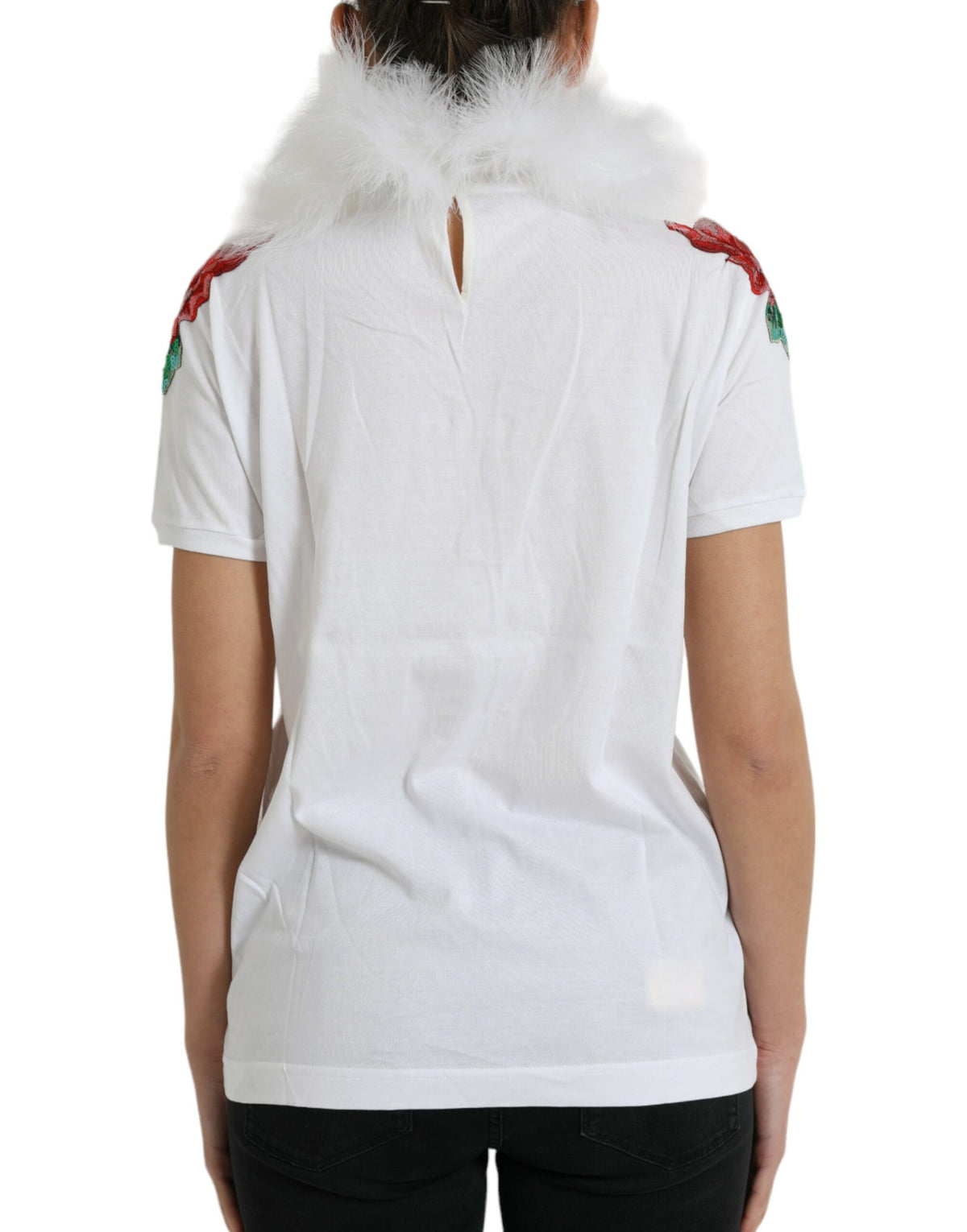 Dolce & Gabbana T-shirt en coton blanc avec sequins et fourrure