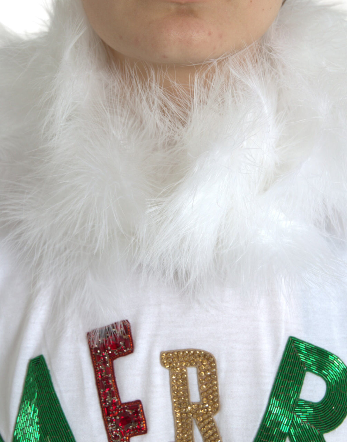 Dolce & Gabbana T-shirt en coton blanc avec sequins et fourrure