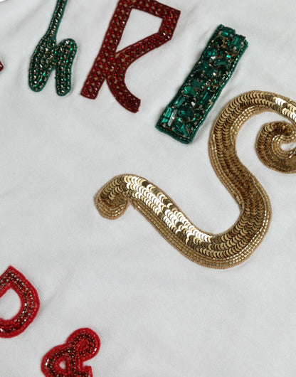 Dolce & Gabbana White Cotton Christmas Sequin Fur T-shirt