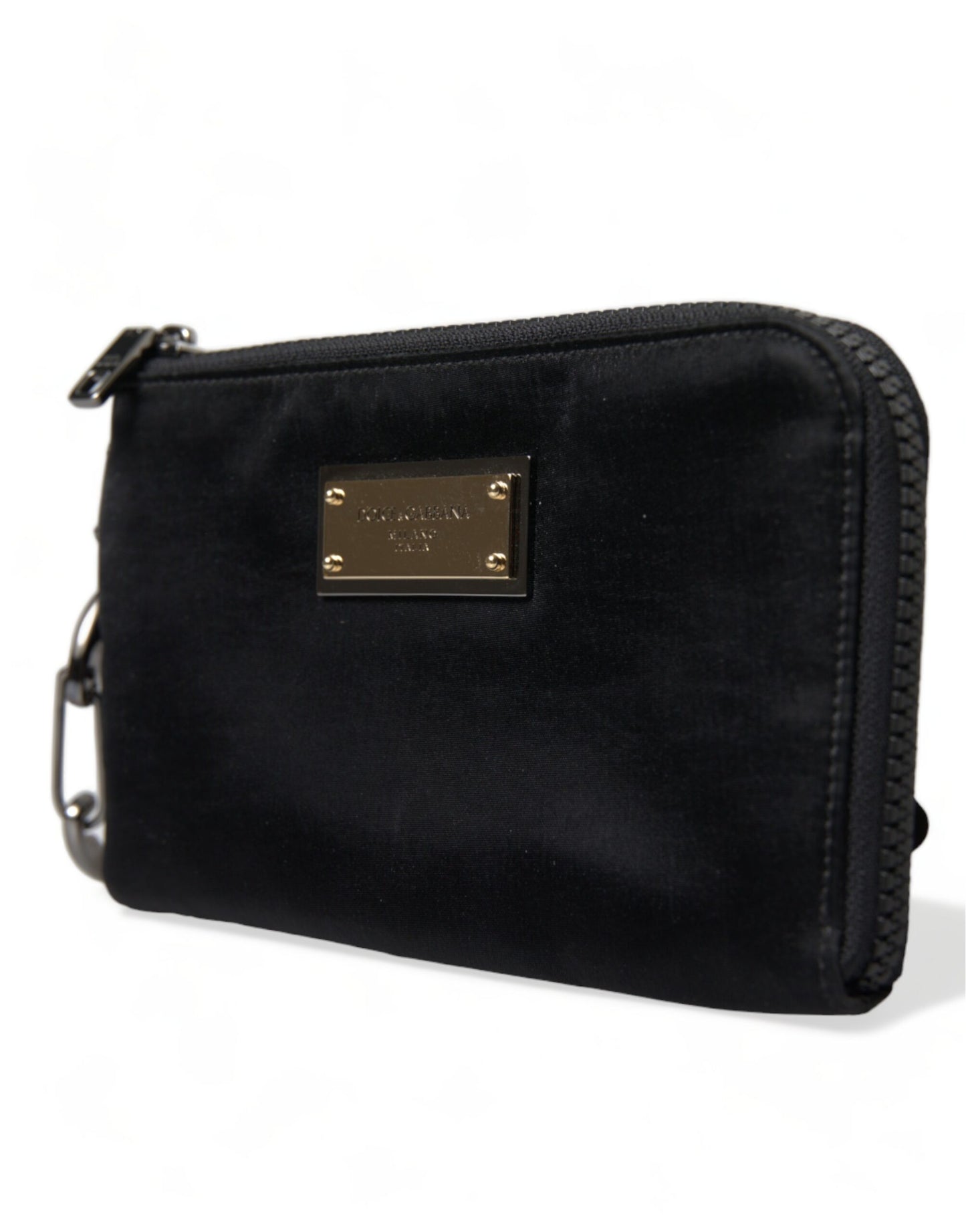 Dolce & Gabbana zwarte nylon logo plaque sleutelhanger clutch tas