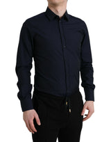 Chemise habillée formelle à manches longues, bleu marine, coupe ajustée, dorée, Dolce &amp; Gabbana.