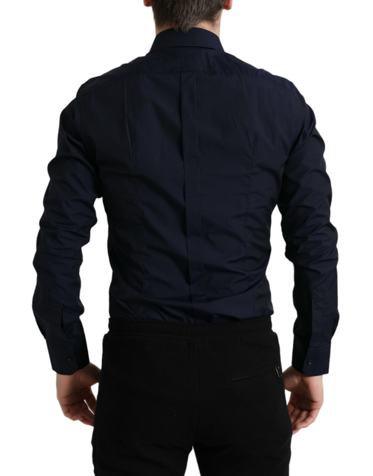 Chemise habillée formelle à manches longues, bleu marine, coupe ajustée, dorée, Dolce &amp; Gabbana.