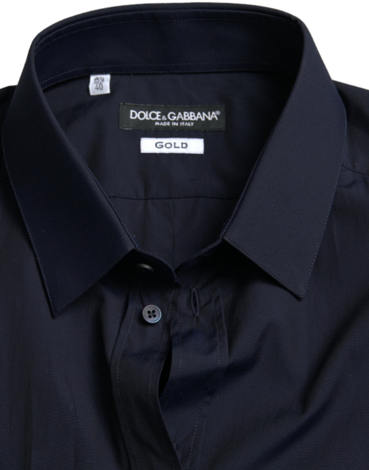 Chemise habillée formelle à manches longues, bleu marine, coupe ajustée, dorée, Dolce &amp; Gabbana.