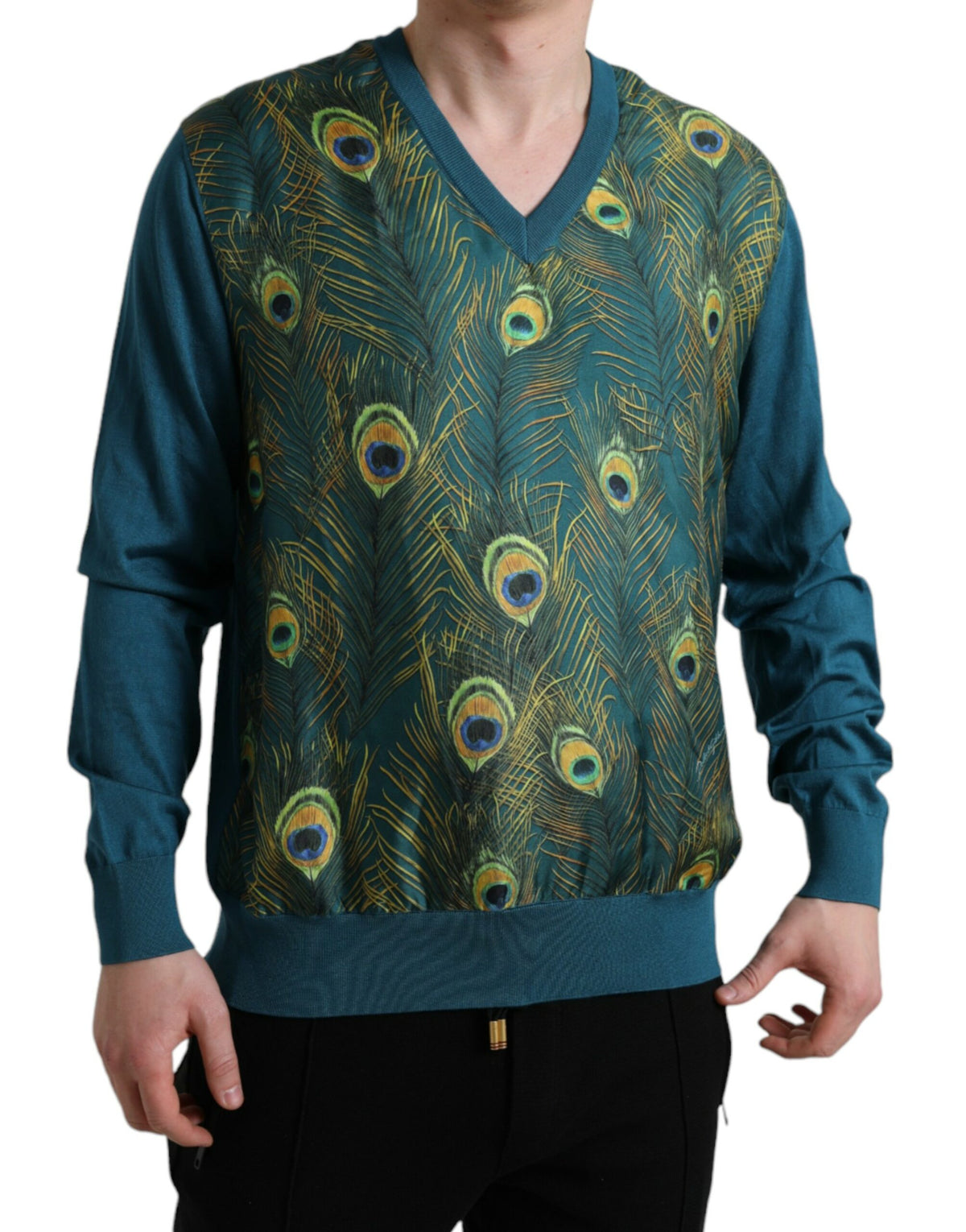 Pull en laine à motif plumes de paon vert de Dolce &amp; Gabbana