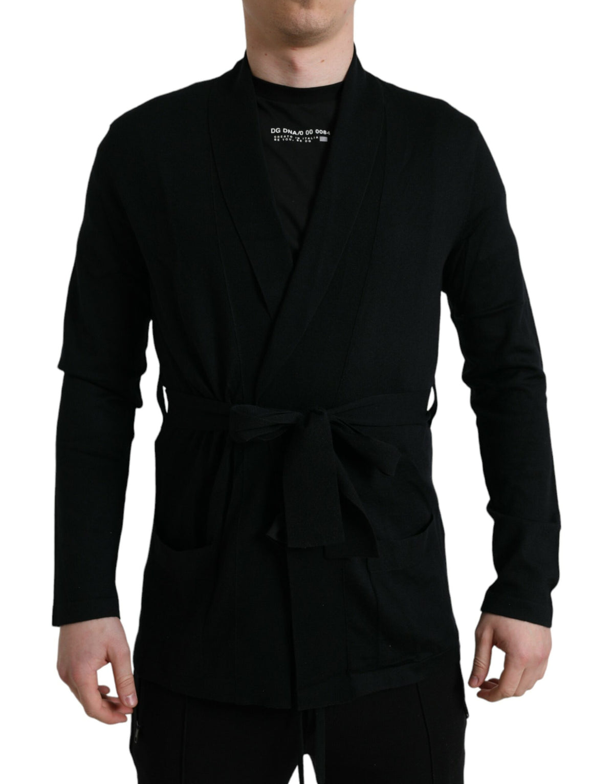 Dolce &amp; Gabbana Robe de chambre noire en cachemire à manches longues et ceinture