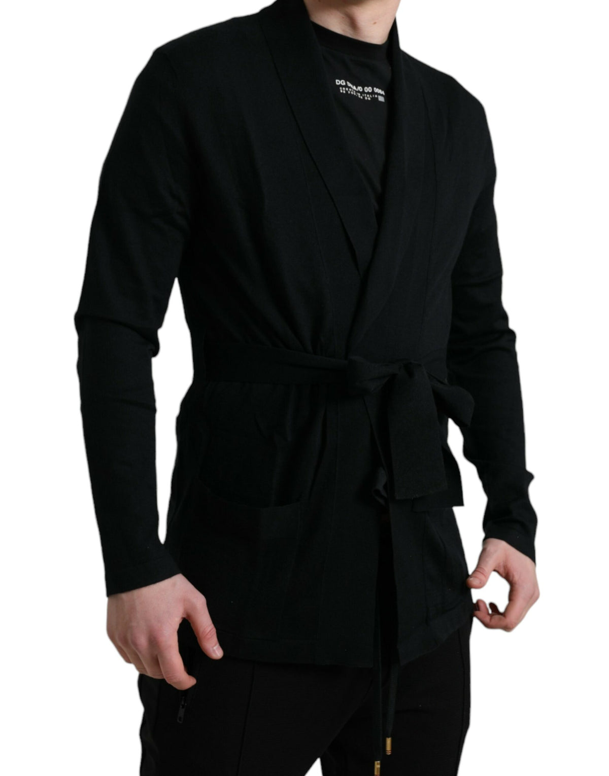 Dolce &amp; Gabbana Robe de chambre noire en cachemire à manches longues et ceinture