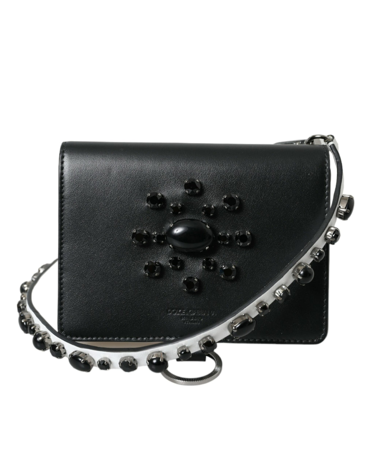 Dolce & Gabbana Black White Leather Crystal Embellished Cardholder