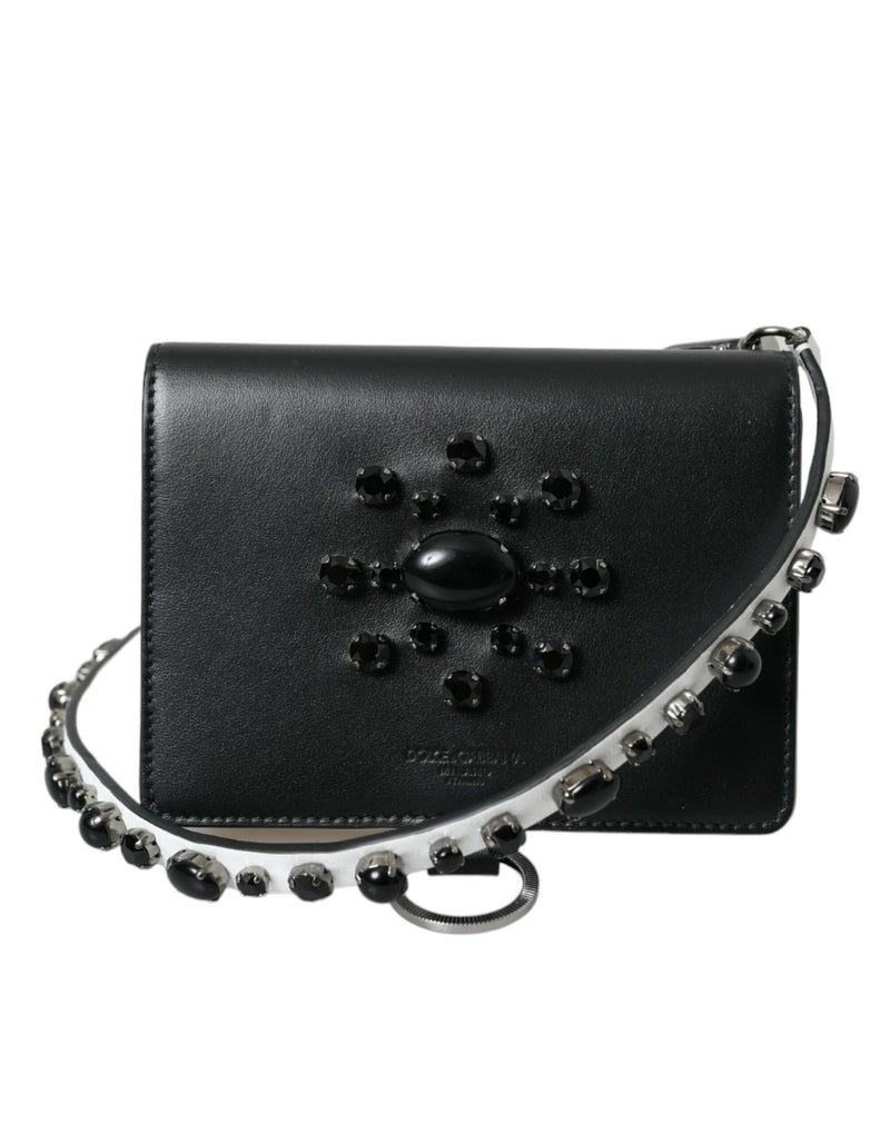 Dolce & Gabbana Black White Leather Crystal Embellished Cardholder