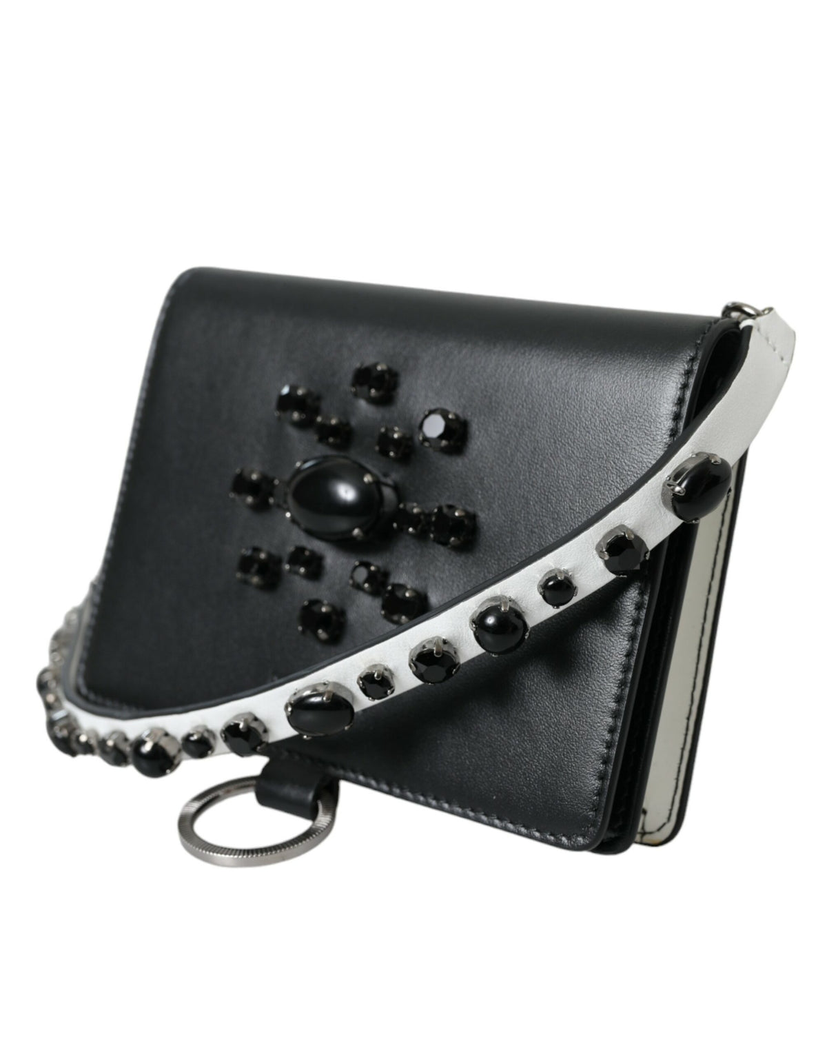 Dolce & Gabbana Black White Leather Crystal Embellished Cardholder