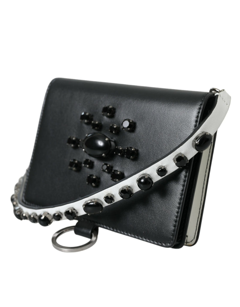 Dolce & Gabbana Black White Leather Crystal Embellished Cardholder