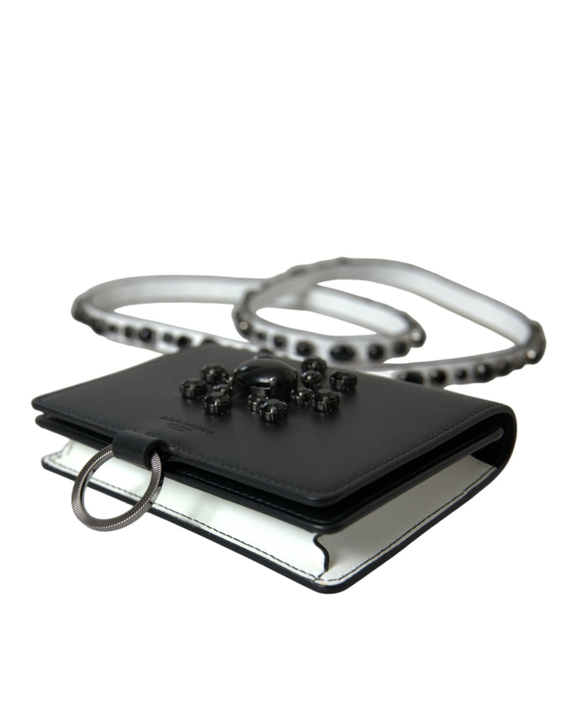 Dolce & Gabbana Black White Leather Crystal Embellished Cardholder