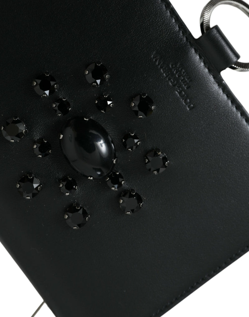 Dolce & Gabbana Black White Leather Crystal Embellished Cardholder