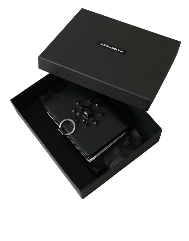 Dolce & Gabbana Black White Leather Crystal Embellished Cardholder
