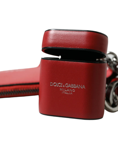 Dolce & Gabbana Rode Leren Zilveren Metalen Logo Band Pouch Airpods Case
