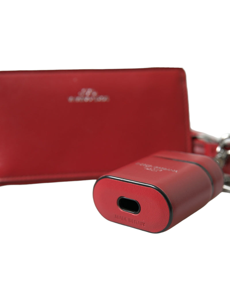 Dolce &amp; Gabbana Rode Leren Zilveren Metalen Logo Band Pouch Airpods Case