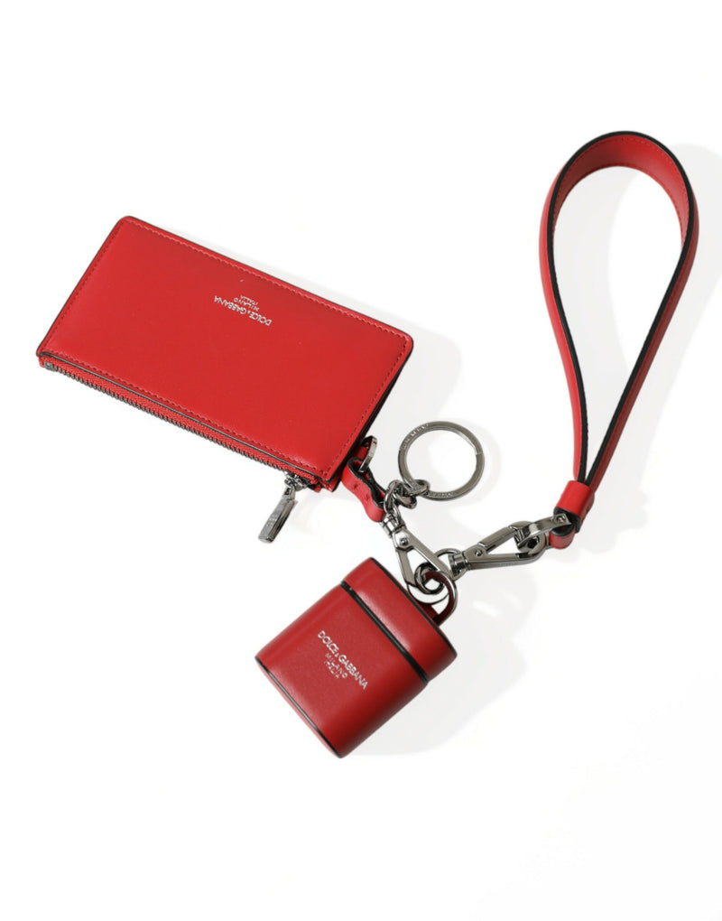 Dolce &amp; Gabbana Rode Leren Zilveren Metalen Logo Band Pouch Airpods Case