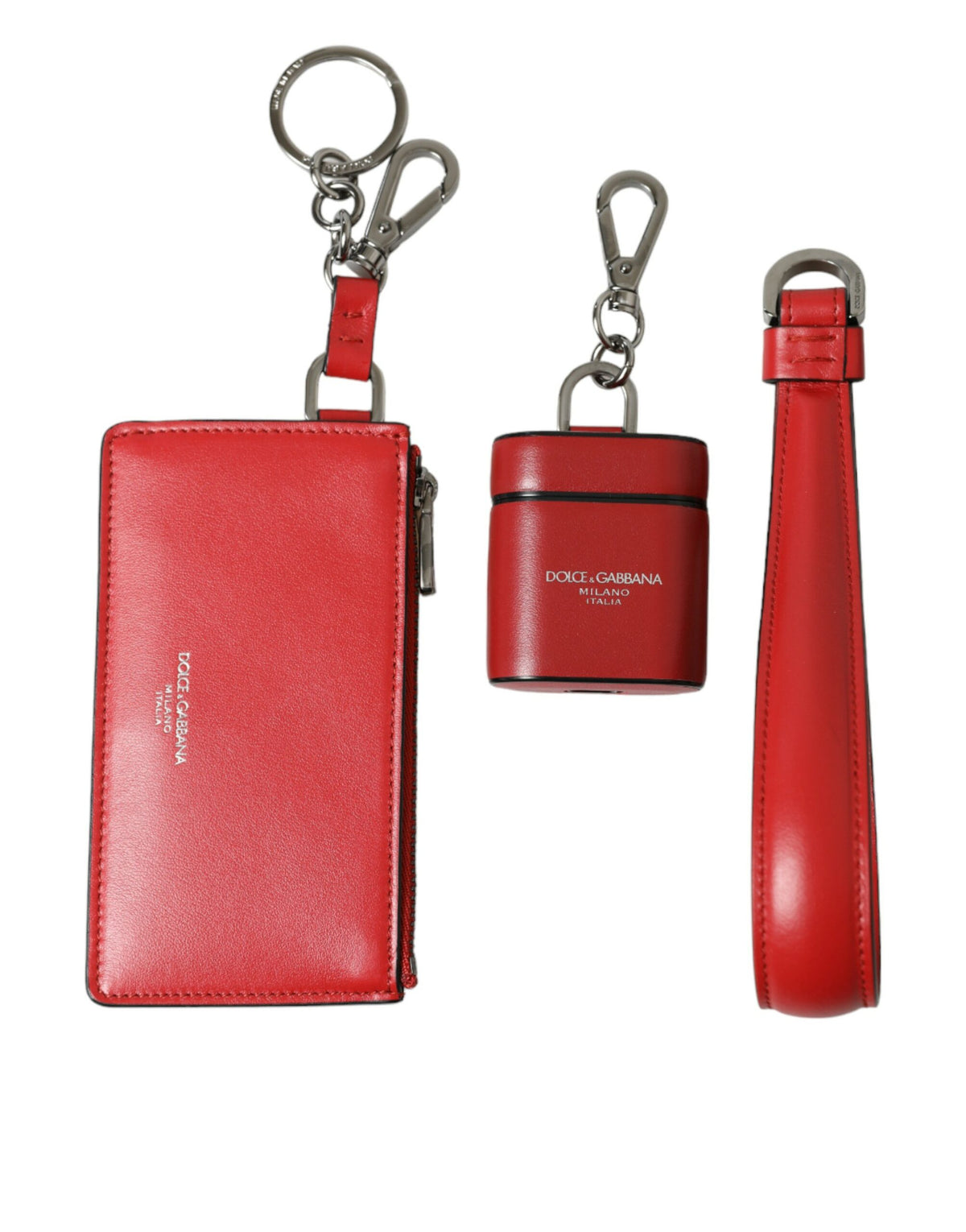 Étui pour Airpods Dolce &amp; Gabbana en cuir rouge avec logo en métal argenté