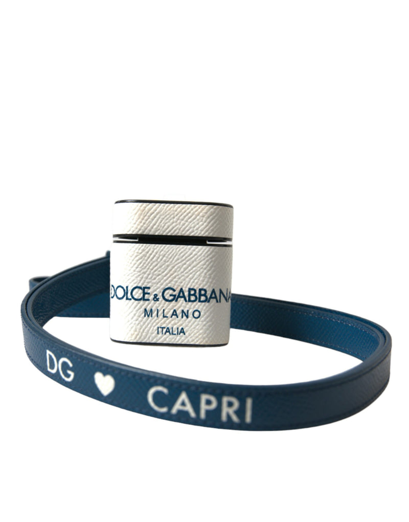 Dolce & Gabbana Étui Airpods en Cuir de Veau Blanc et Bleu