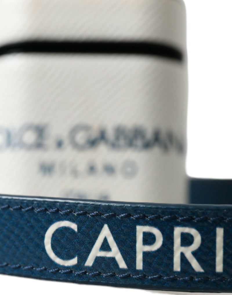 Dolce & Gabbana Étui Airpods en Cuir de Veau Blanc et Bleu