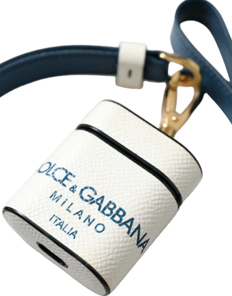 Dolce & Gabbana Étui Airpods en Cuir de Veau Blanc et Bleu