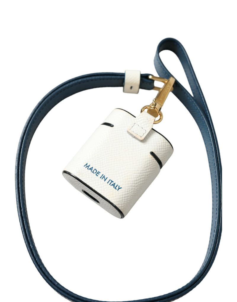 Dolce & Gabbana Étui Airpods en Cuir de Veau Blanc et Bleu