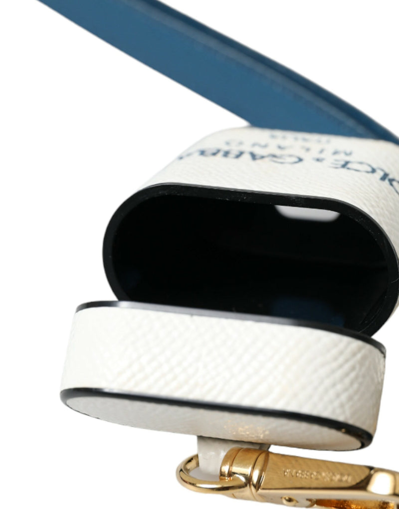 Dolce & Gabbana Étui Airpods en Cuir de Veau Blanc et Bleu