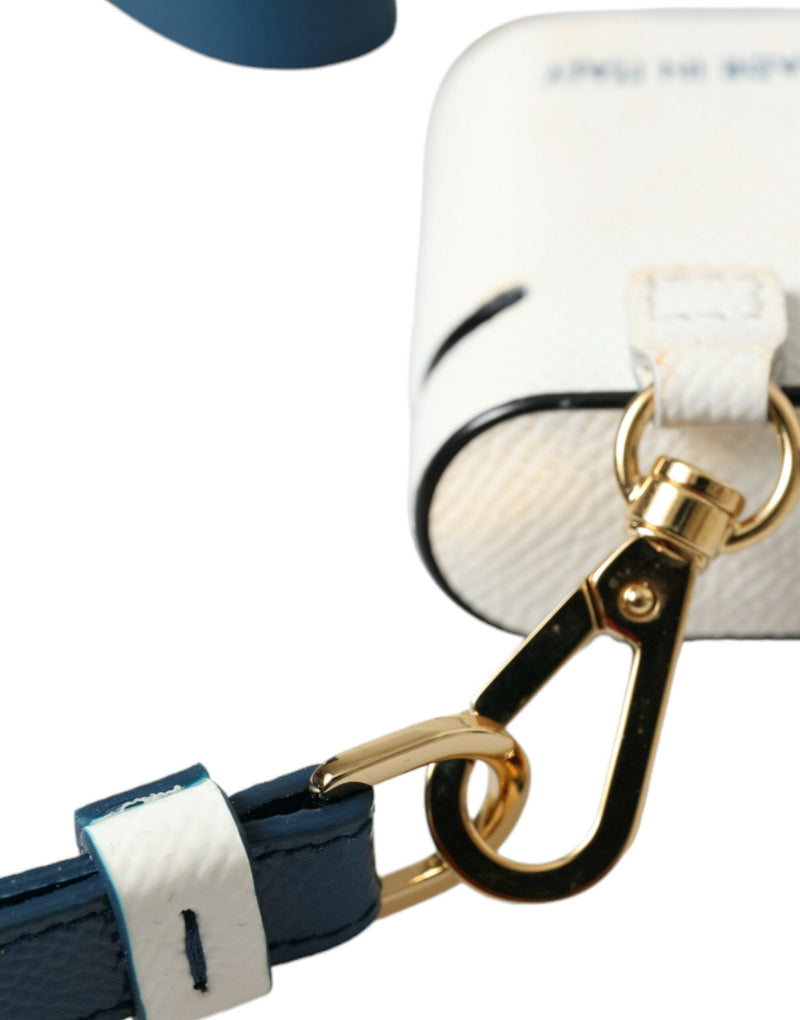 Dolce & Gabbana Étui Airpods en Cuir de Veau Blanc et Bleu