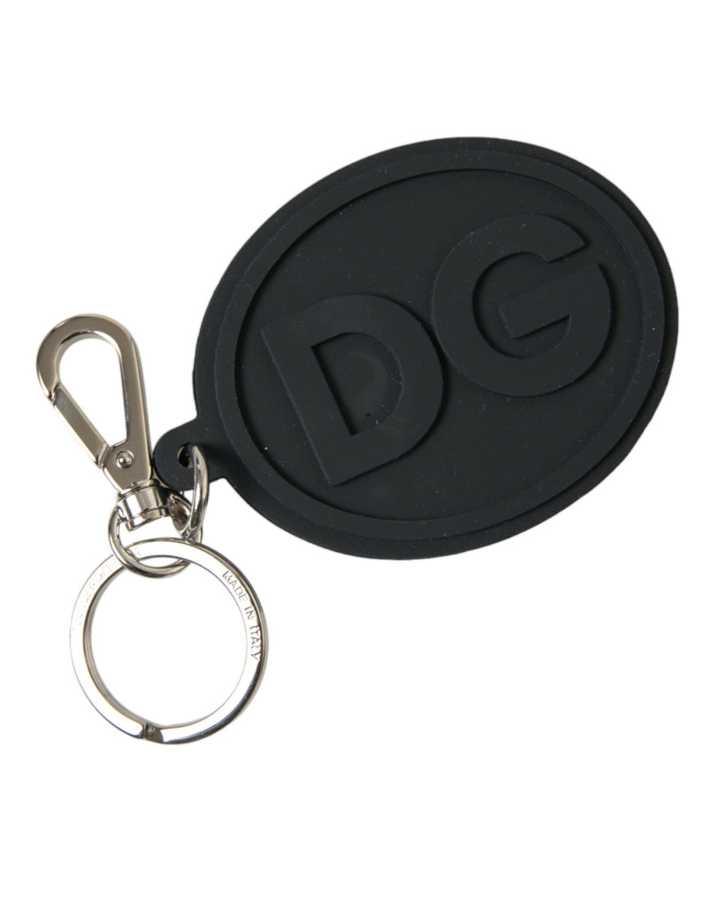 Dolce & Gabbana Black Rubber DG Logo Silver Brass Metal Keyring