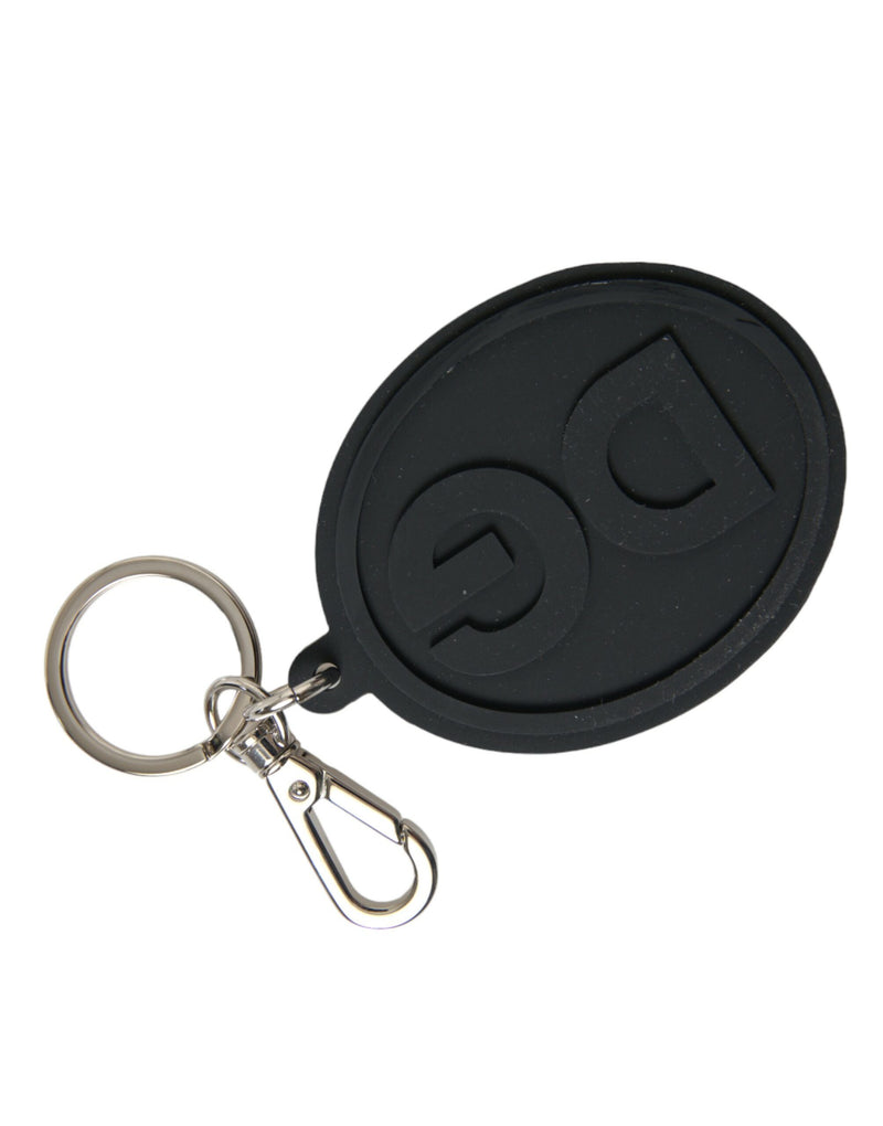 Dolce & Gabbana Black Rubber DG Logo Silver Brass Metal Keyring