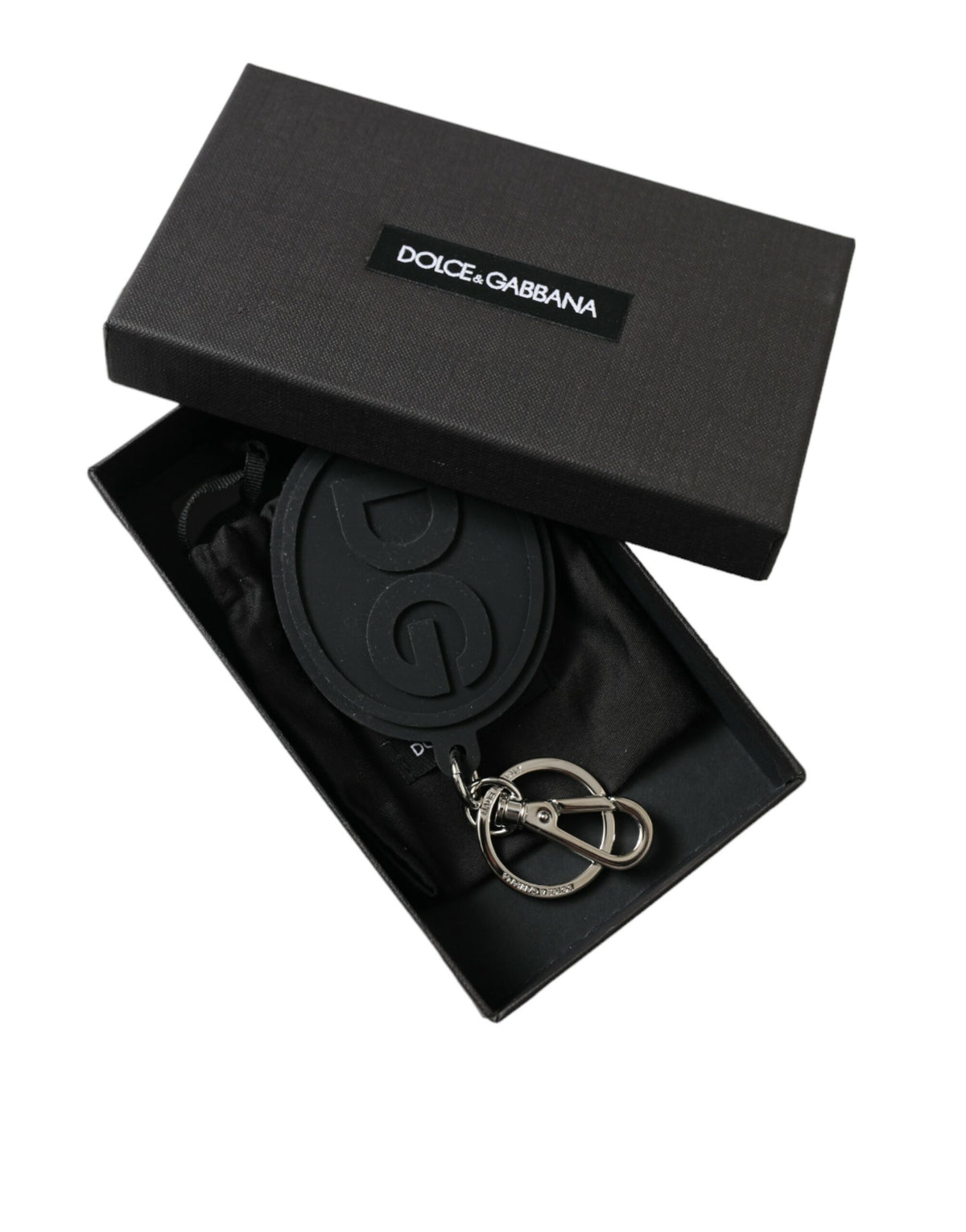 Dolce & Gabbana Black Rubber DG Logo Silver Brass Metal Keyring