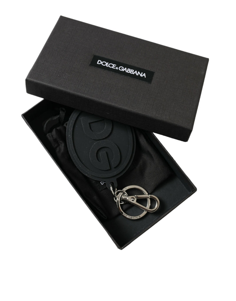 Dolce & Gabbana Black Rubber DG Logo Silver Brass Metal Keyring