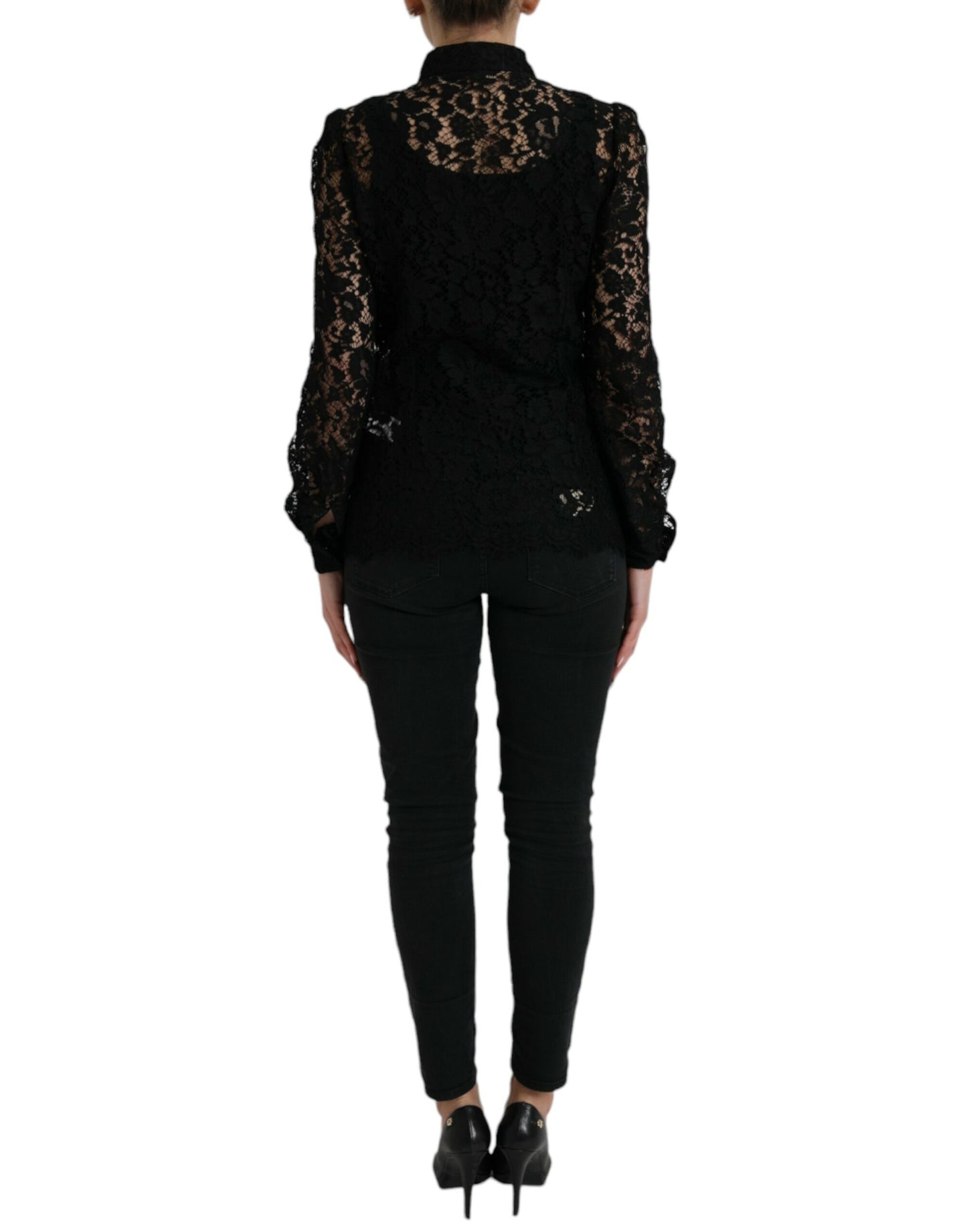 Dolce & Gabbana Black Floral Lace Long Sleeves Blouse Top