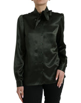 Dolce & Gabbana Blouse Top en Soie Grise à Manches Longues avec Col Ascot