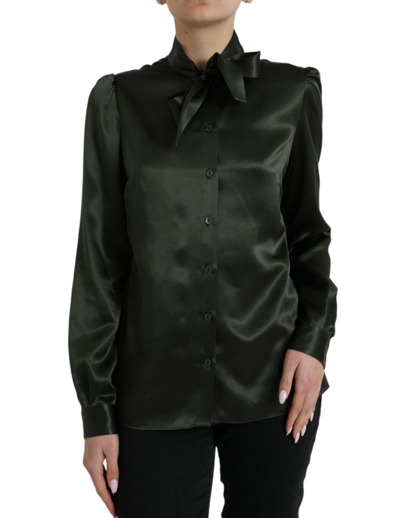 Dolce & Gabbana Blouse Top en Soie Grise à Manches Longues avec Col Ascot