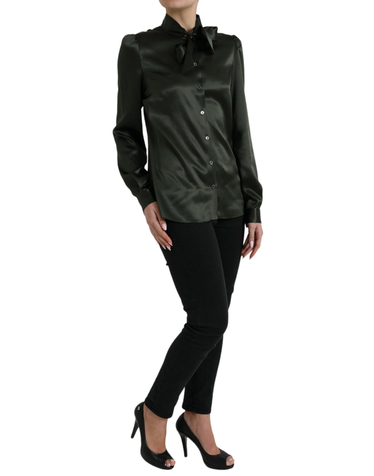 Dolce & Gabbana Blouse Top en Soie Grise à Manches Longues avec Col Ascot
