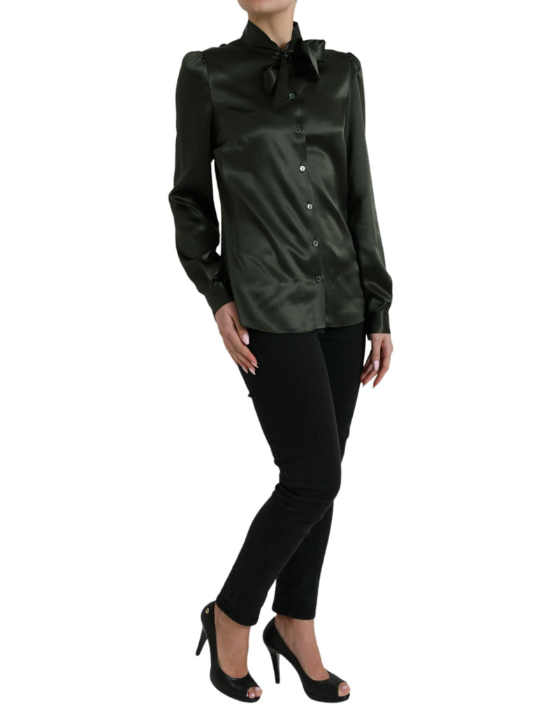 Dolce & Gabbana Blouse Top en Soie Grise à Manches Longues avec Col Ascot