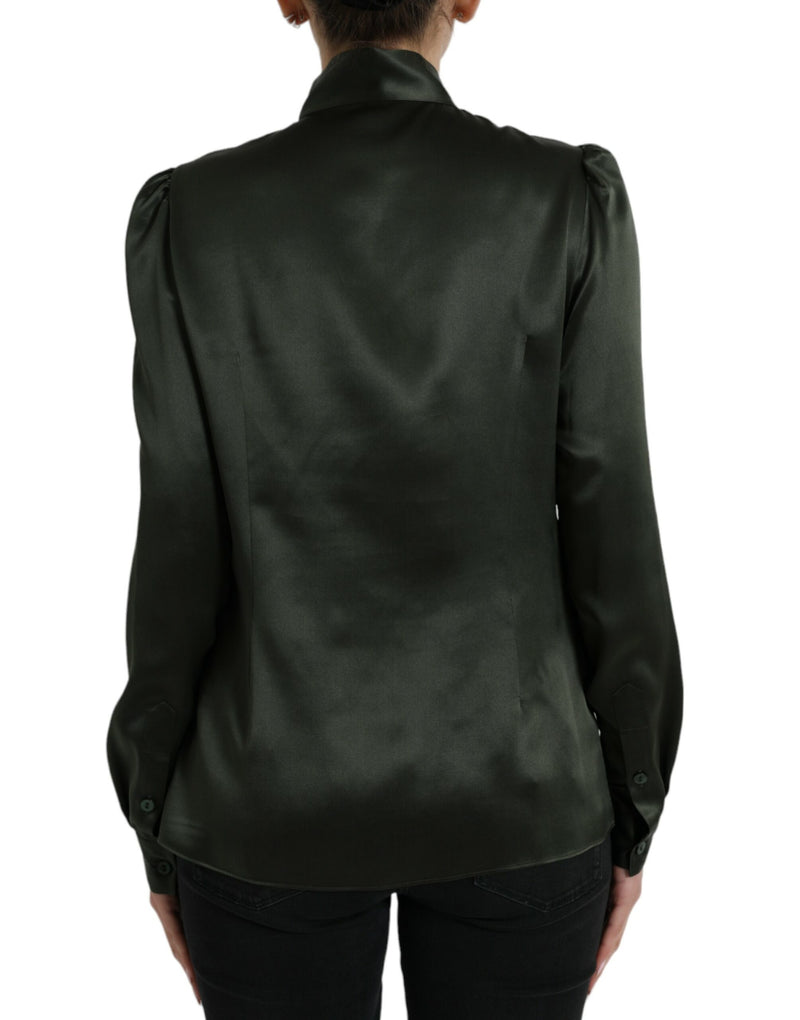 Dolce & Gabbana Blouse Top en Soie Grise à Manches Longues avec Col Ascot