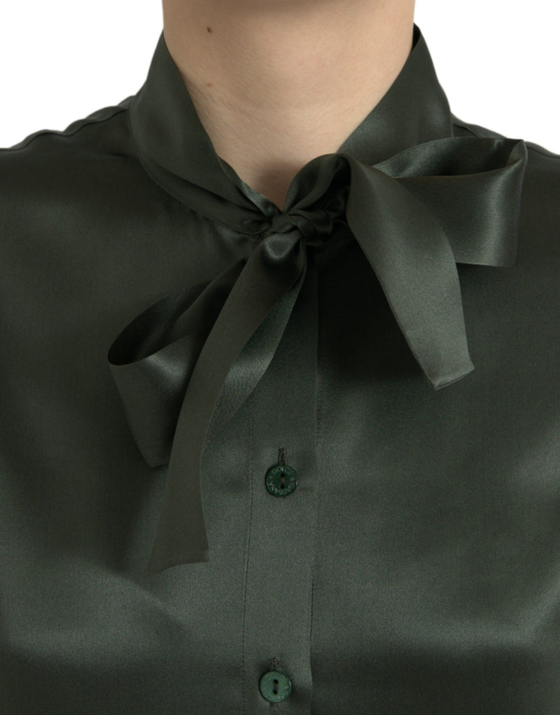 Dolce & Gabbana Blouse Top en Soie Grise à Manches Longues avec Col Ascot