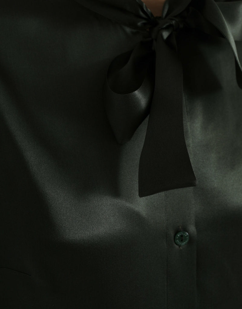 Dolce & Gabbana Blouse Top en Soie Grise à Manches Longues avec Col Ascot