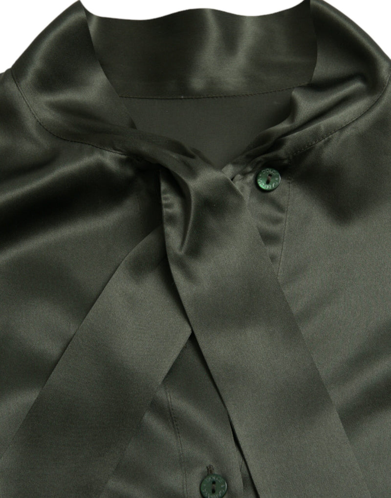 Dolce & Gabbana Blouse Top en Soie Grise à Manches Longues avec Col Ascot