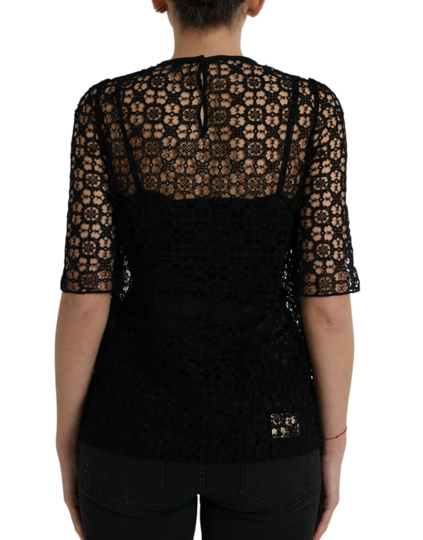 Dolce & Gabbana Black Floral Lace Short Sleeves Blouse Top