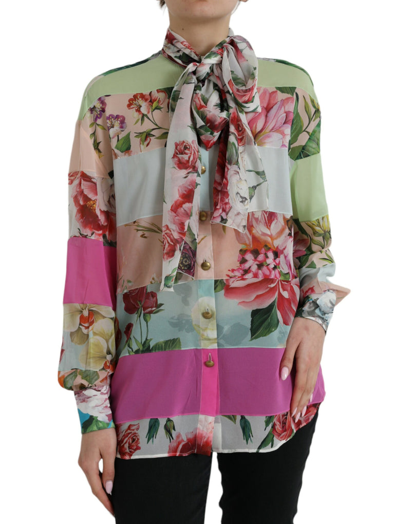 Dolce & Gabbana Multicolor Floral Patchwork Ascot Collar Top