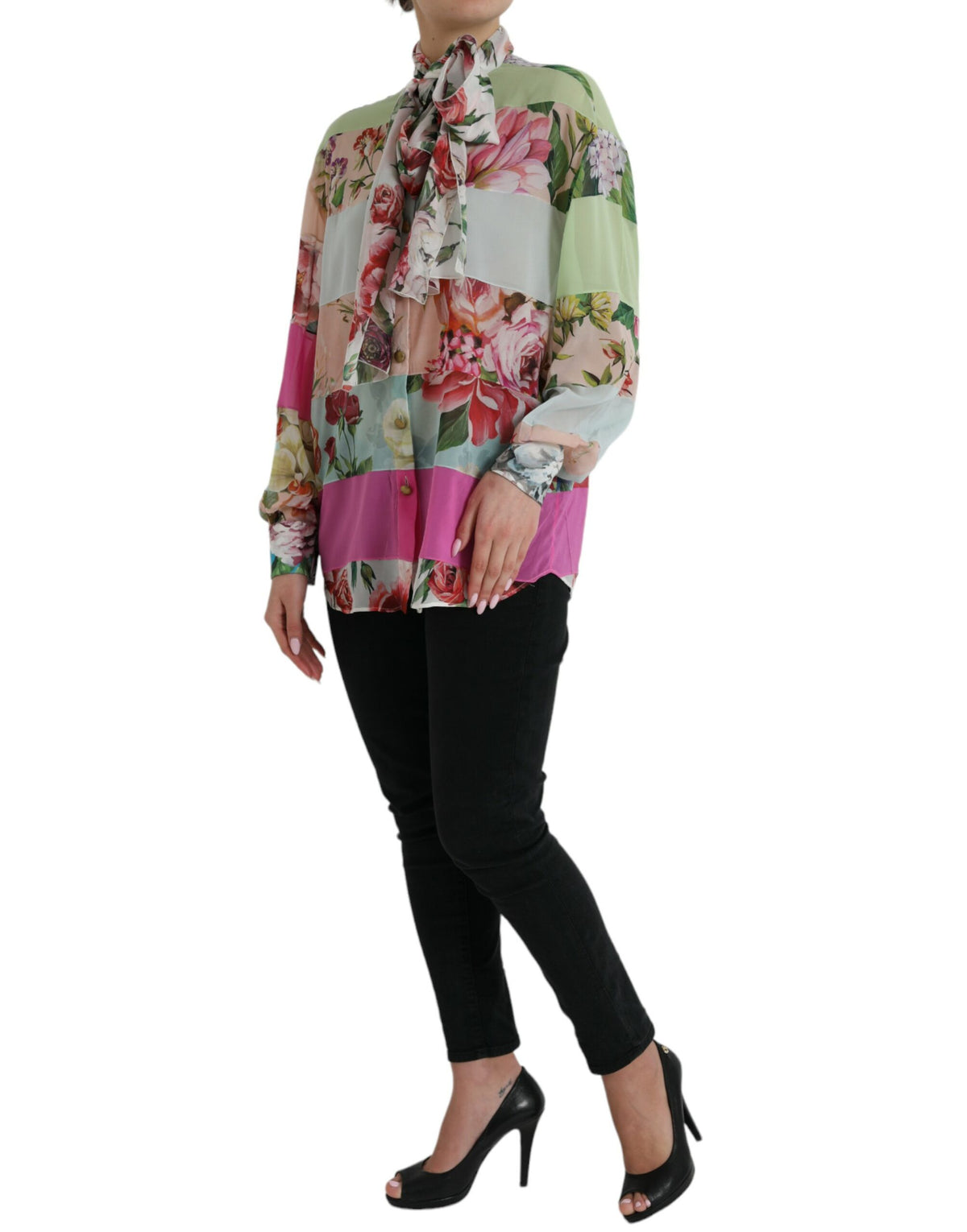 Dolce & Gabbana Multicolor Floral Patchwork Ascot Collar Top