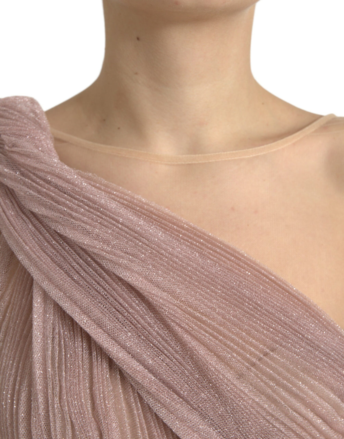 Robe Une Épaule Plissée en Lame Tulle Lilas Clair - Dolce & Gabbana