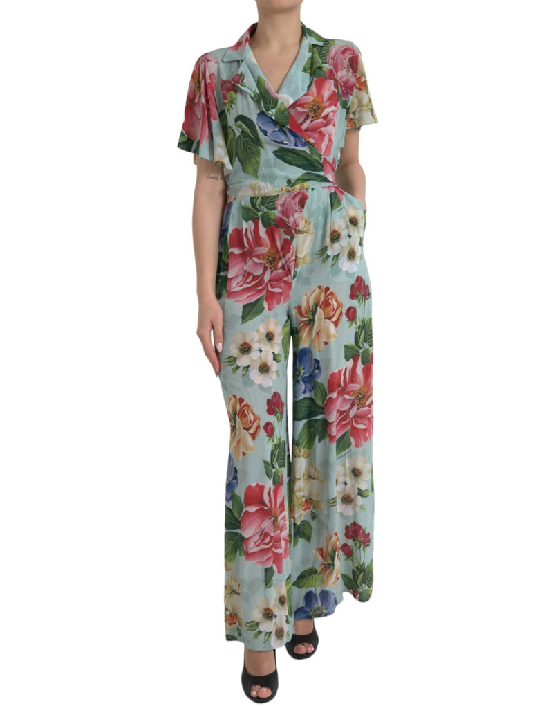 Dolce & Gabbana Blue Floral Wide Leg Wrap Jumpsuit