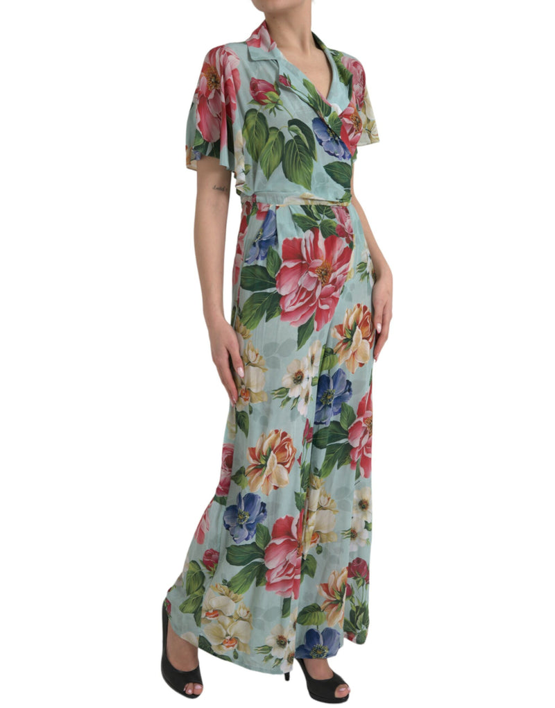 Dolce & Gabbana Blue Floral Wide Leg Wrap Jumpsuit
