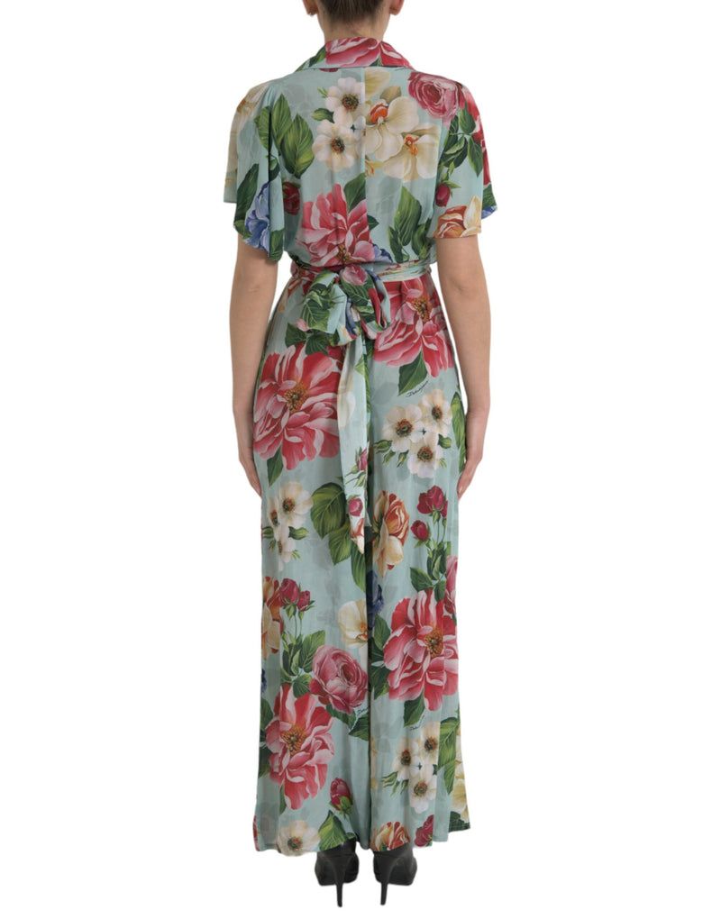 Dolce & Gabbana Blue Floral Wide Leg Wrap Jumpsuit